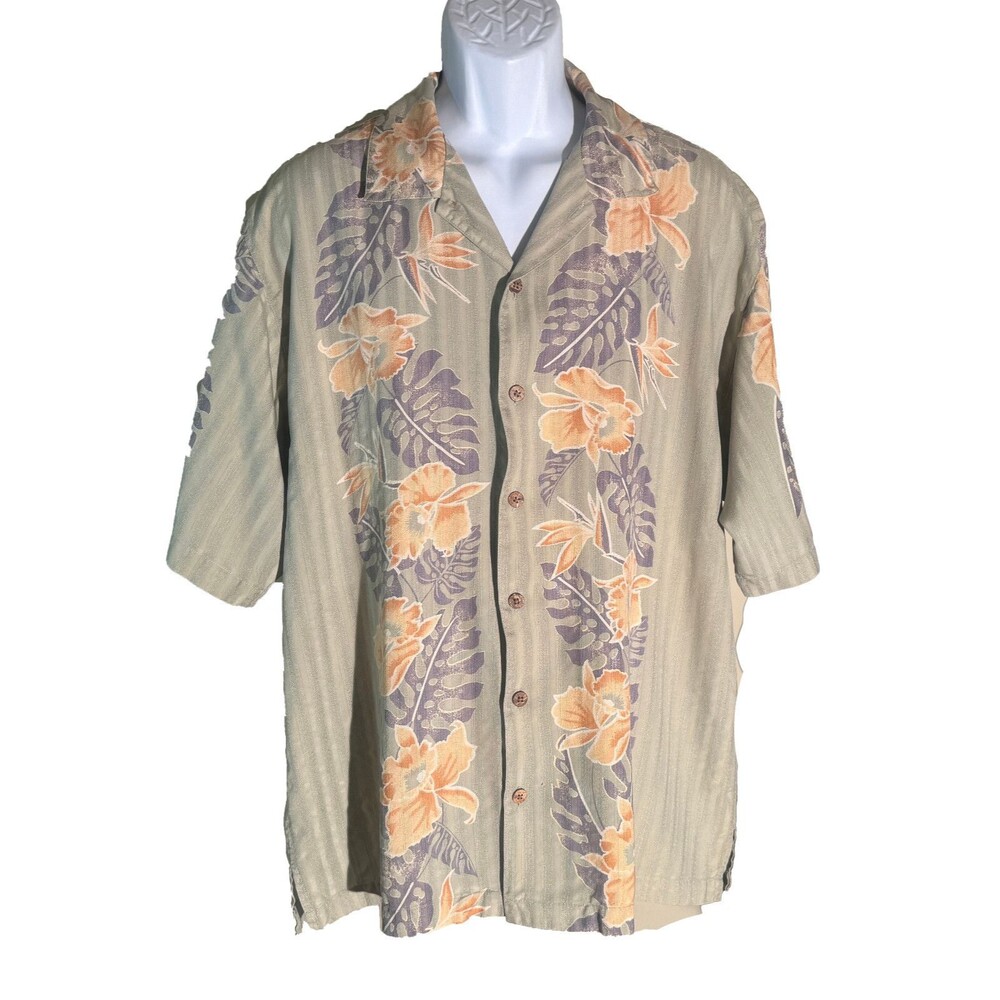 TOMMY BAHAMA‎ Short Sleeve Button Down Silk Floral Shirt Green Large